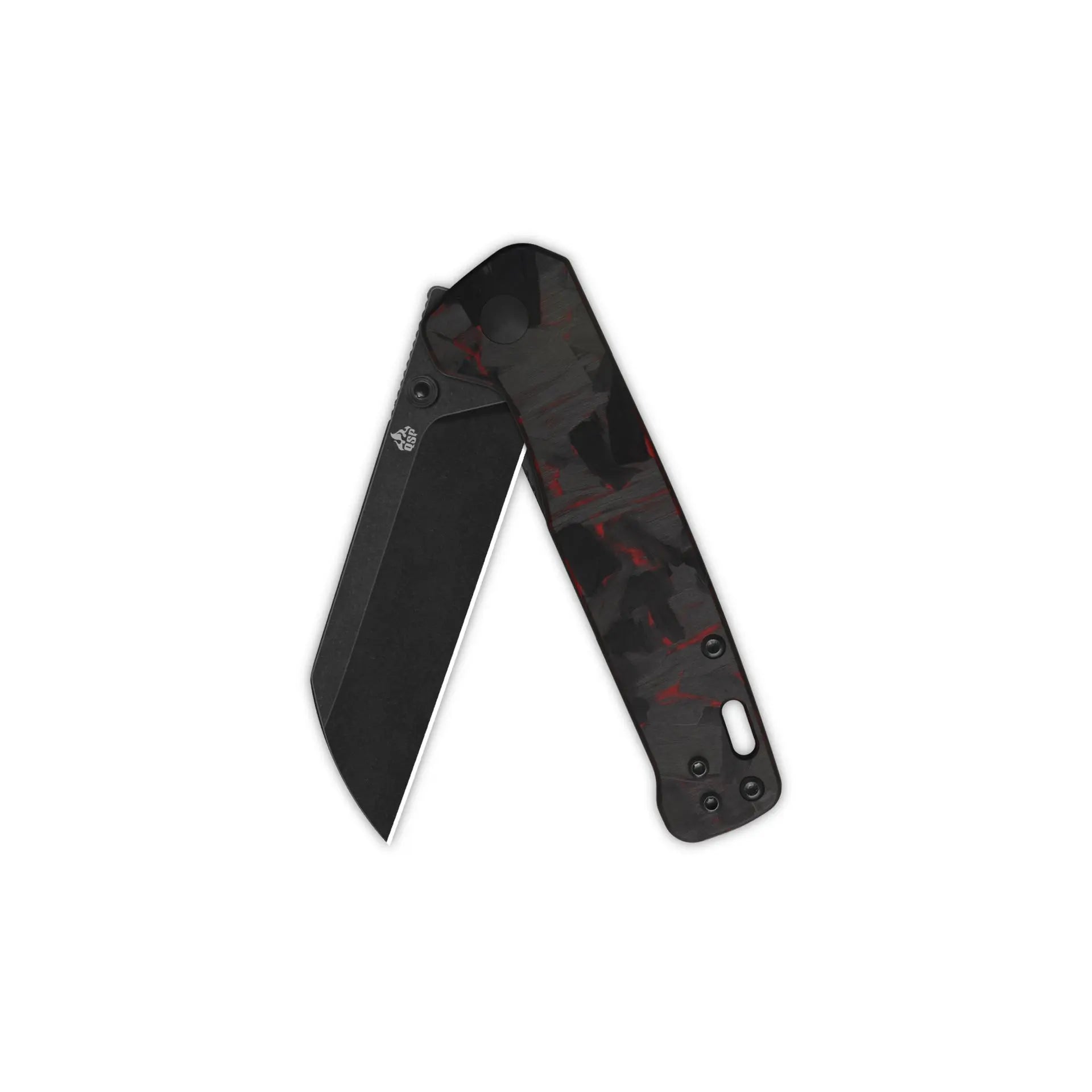 Penguin V2 Linerlock, D2 black stonewash Red shredded CF overlay G10 #QS130V2-F2