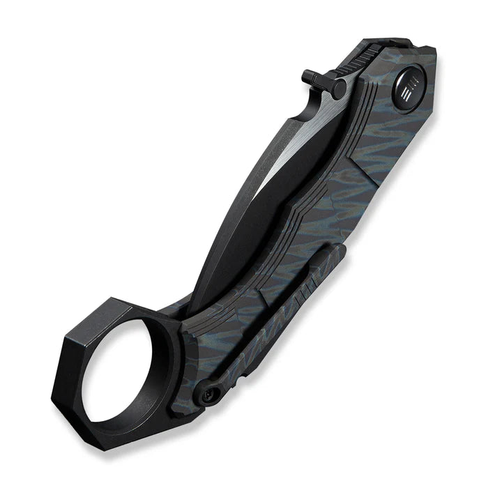 WEKNIFE Tayra Flipper Knife Tiger Stripe Pattern Flamed Titanium Handle Black Titanium Integral Backspacer & Finger Ring #WE24069-4