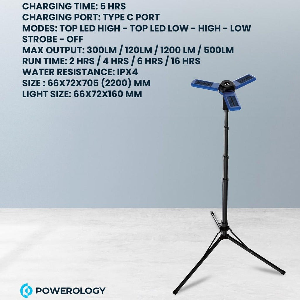Powerology Camping Solar Foldable Tripod LED Light IPX4 3.7V 2600mAh #PWCSFTLDL