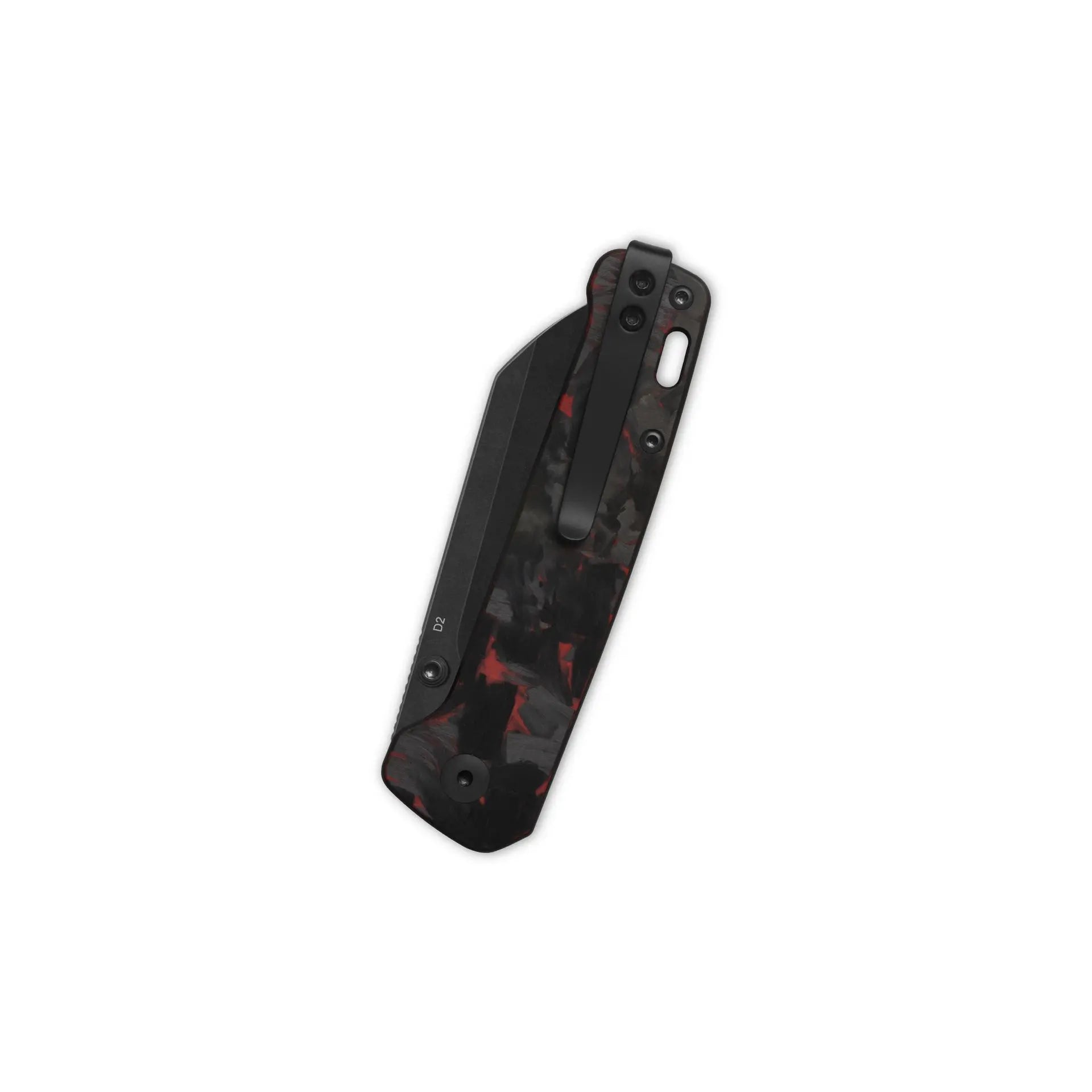 Penguin V2 Linerlock, D2 black stonewash Red shredded CF overlay G10 #QS130V2-F2