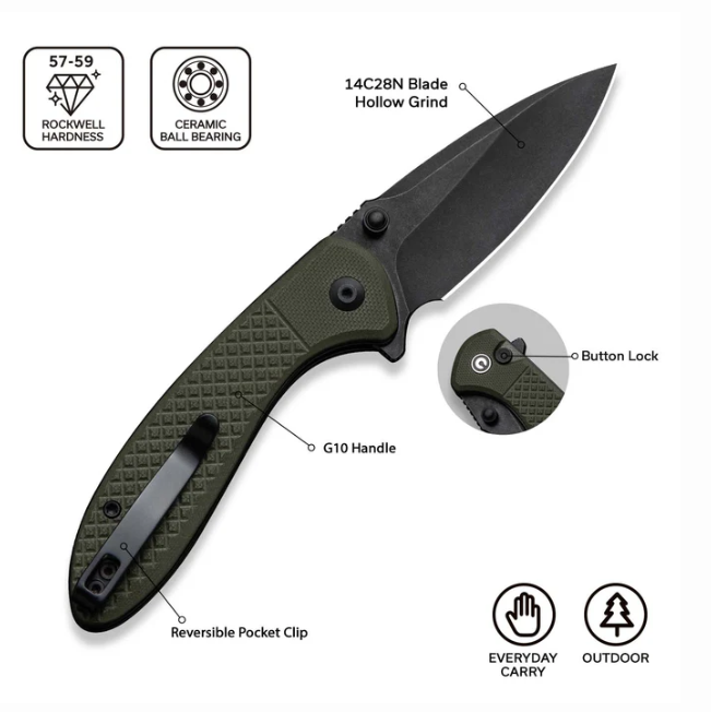 CIVIVI Faeger Flipper & Thumb Stud & Button Lock Knife Milled OD Green G10 Handle #C24031-2