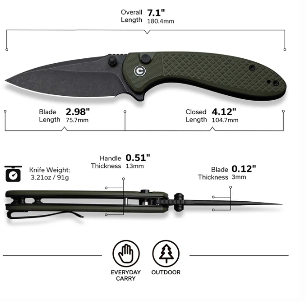 CIVIVI Faeger Flipper & Thumb Stud & Button Lock Knife Milled OD Green G10 Handle #C24031-2