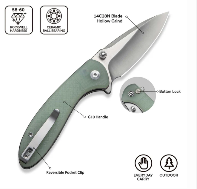 CIVIVI Faeger Flipper & Thumb Stud & Button Lock Knife Milled Natural G10 Handle #C24031-3