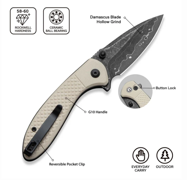 CIVIVI Faeger Flipper & Thumb Stud & Button Lock Knife Milled Ivory G10 Handle #C24031-DS1