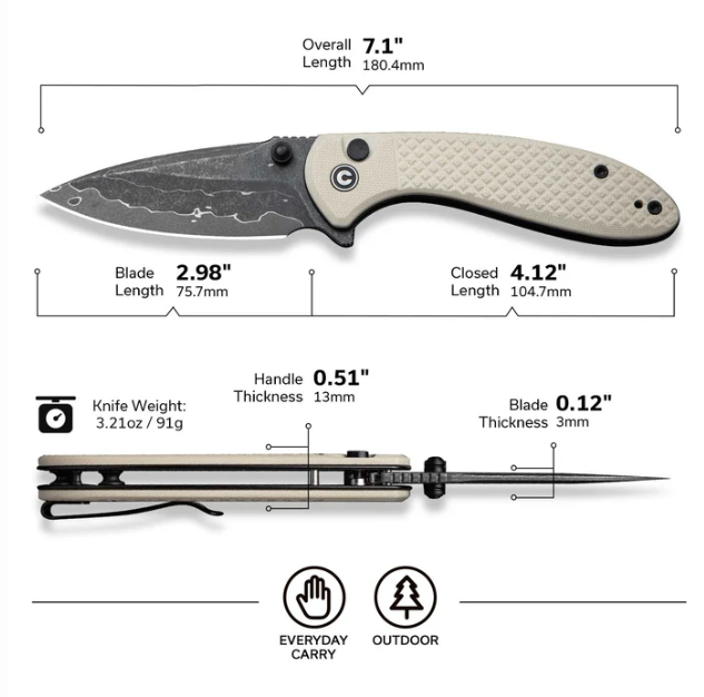 CIVIVI Faeger Flipper & Thumb Stud & Button Lock Knife Milled Ivory G10 Handle #C24031-DS1
