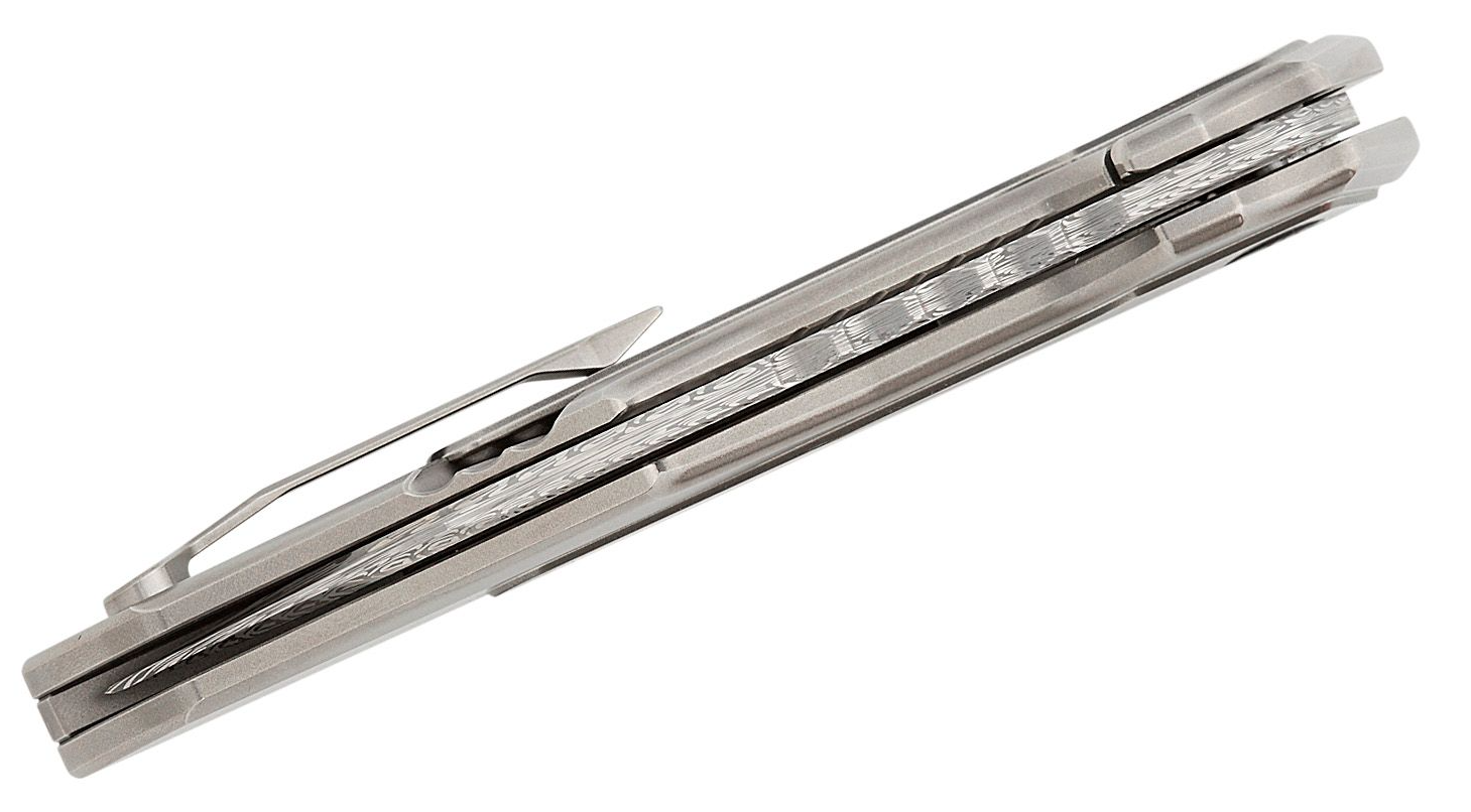 WE Falcaria Polished Bead Blasted Titanium Handle With Polished Gray Titanium Inlay Fafnir Damasteel Blade #WE23012B-DS1