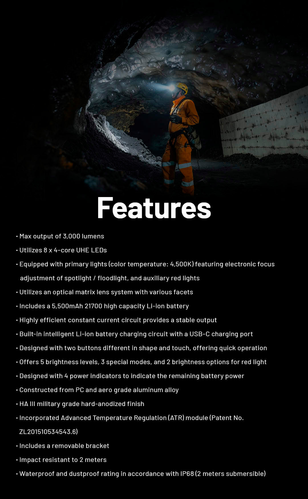 Nitecore HC75 UHE 3000 Lumen USB-C Rechargeable Zoomable Work Headlamp