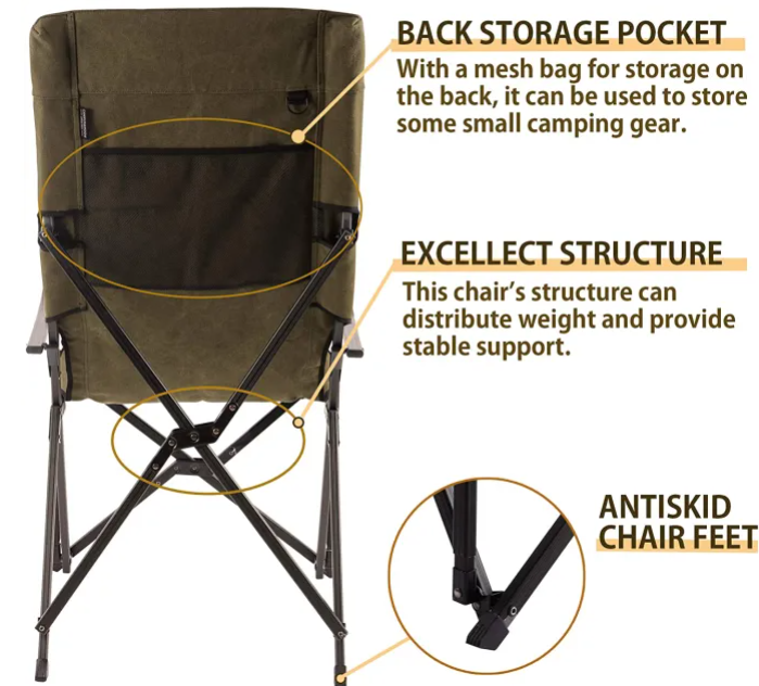 Foldable Cotton Canvas Camping Chair High Back Low Style Chair Khaki #F-1001C