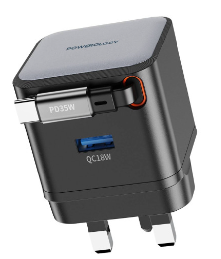 Powerology GAN PD35W Dual-Port Charger with Retractable Cable