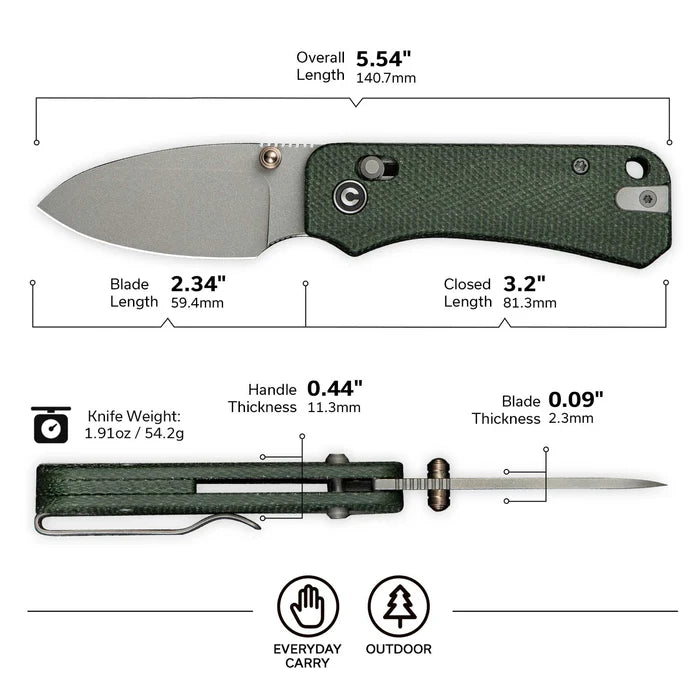 CIVIVI Baby Banter 2 Thumb Stud & Crossbar Lock Knife Micarta Handle #C23074-3