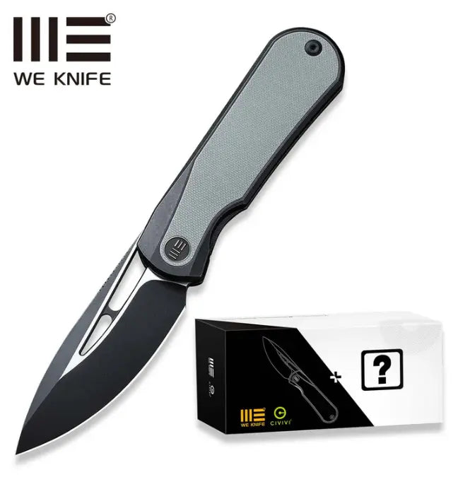 WEKNIFE Baloo Mystery Box Front Flipper & Thumb Hole Knife Black Titanium Handle With Gray G10 Inlay #WE21033-1 MB