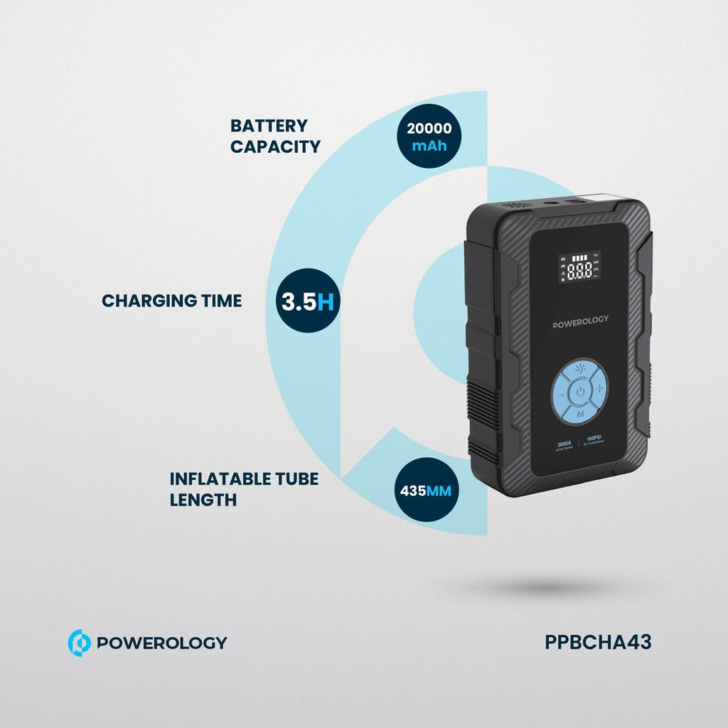 Powerology Jumpstart with Air Pump PD45W 3000A Max Current 20000mAh 160Psi #PPBCHA43