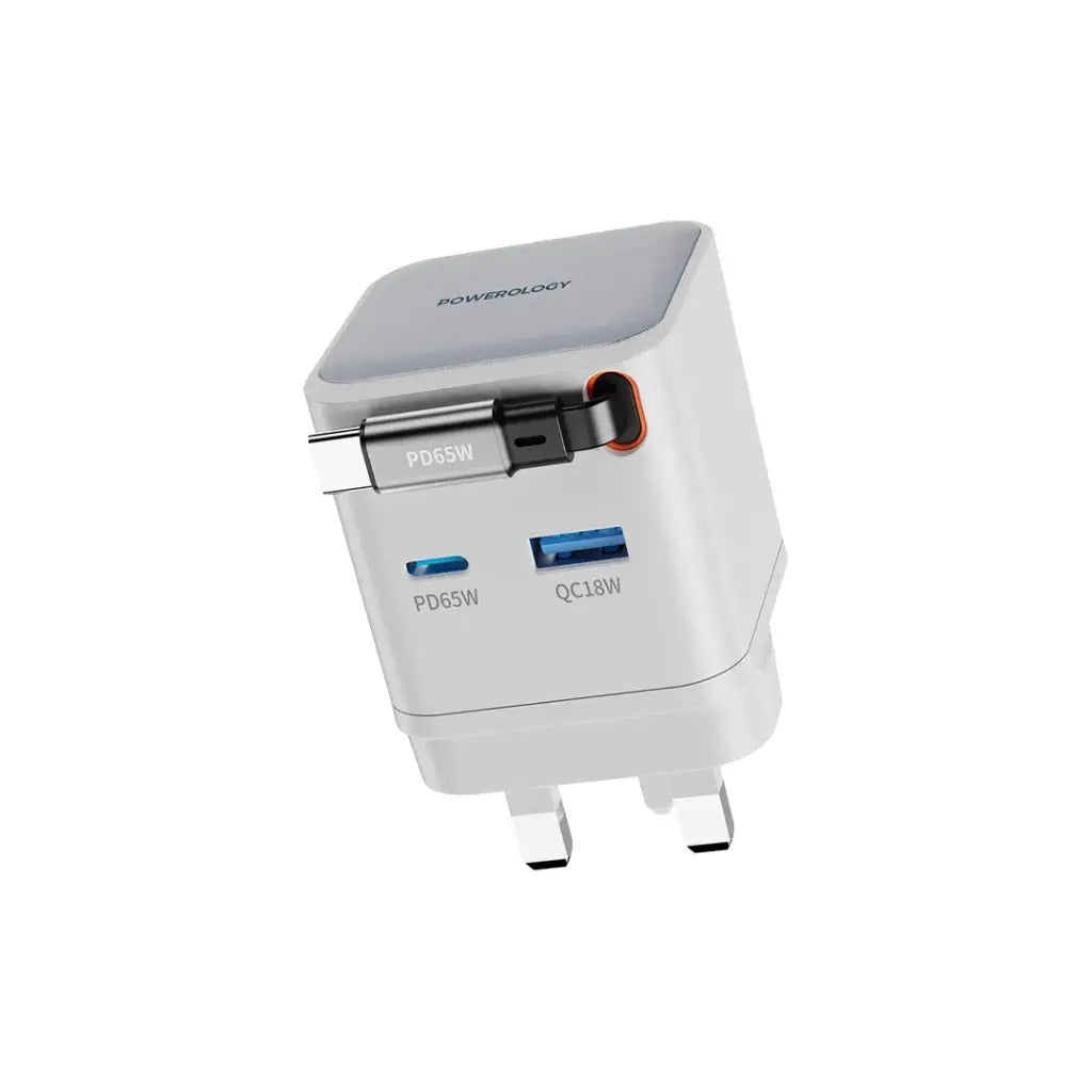 Powerology GAN PD65W Dual-Port Charger + Cable Charger with Retractable Cable