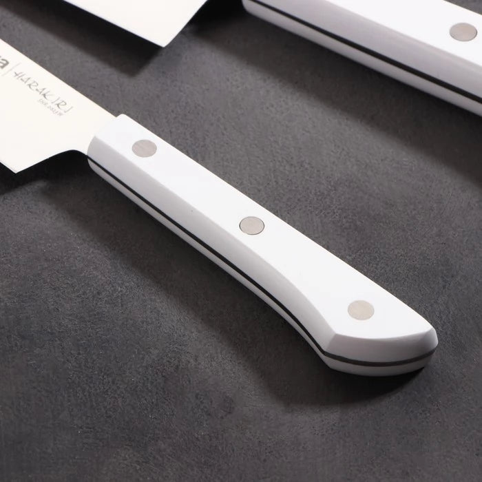 Samura HARAKIRI Set of 5 kitchen knives WITH WHITE HANDLES Paring, Utility, Nakiri, Santoku, Chef's knife #SHR-0250AW