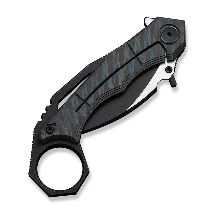 WEKNIFE Tayra Flipper Knife Tiger Stripe Pattern Flamed Titanium Handle Black Titanium Integral Backspacer & Finger Ring #WE24069-4