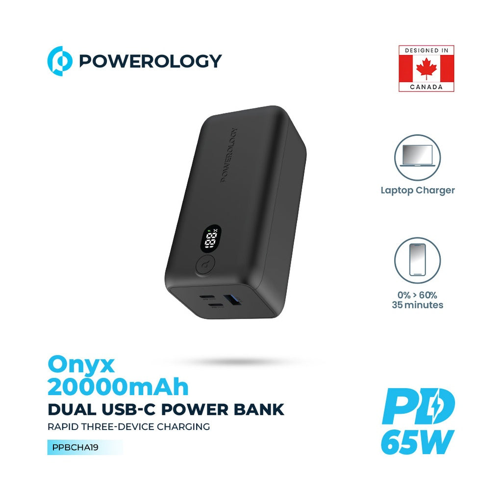 Powerology Onyx 20000mAh Dual USB-C Power Bank PD 65W #PPBCHA19