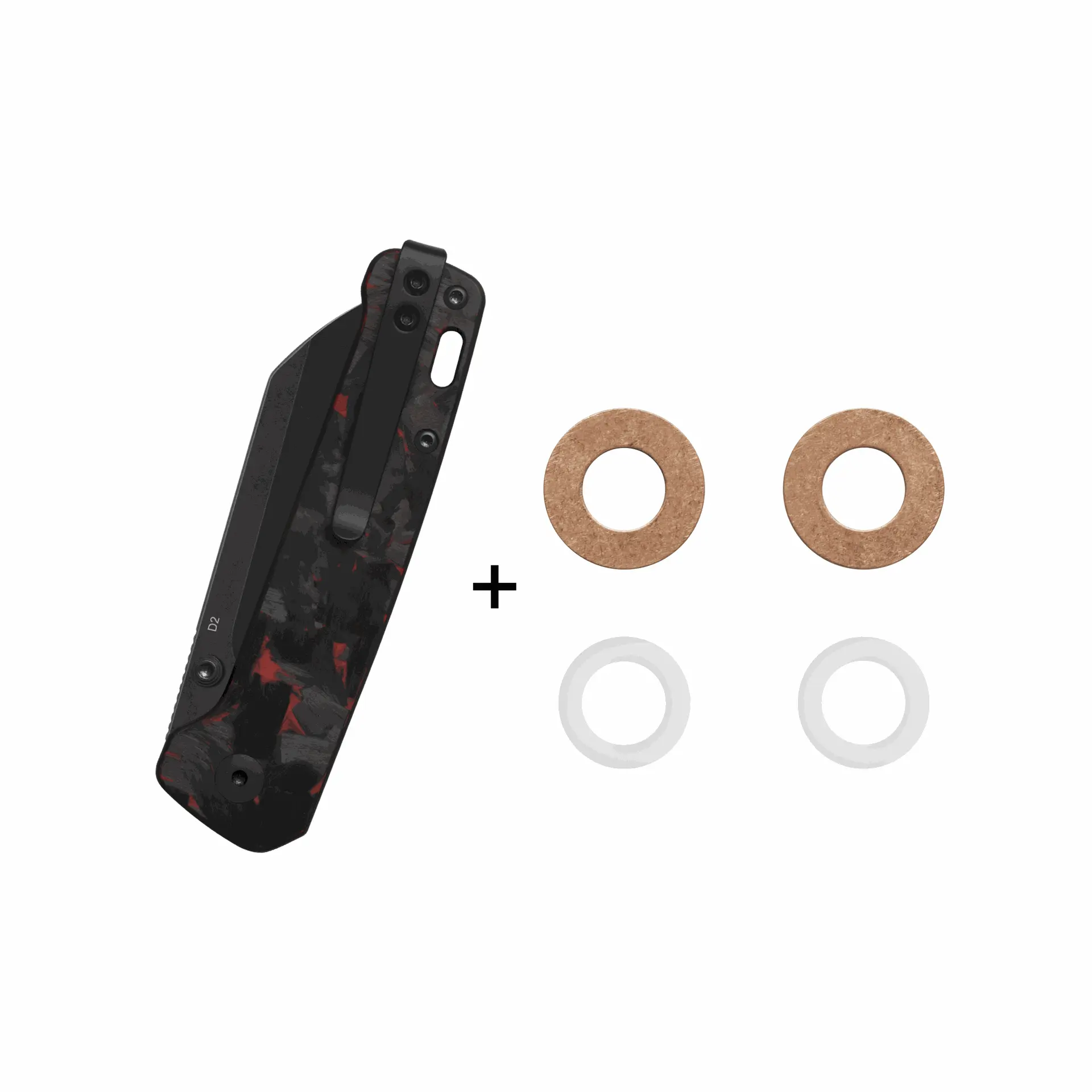 Penguin V2 Linerlock, D2 black stonewash Red shredded CF overlay G10 #QS130V2-F2