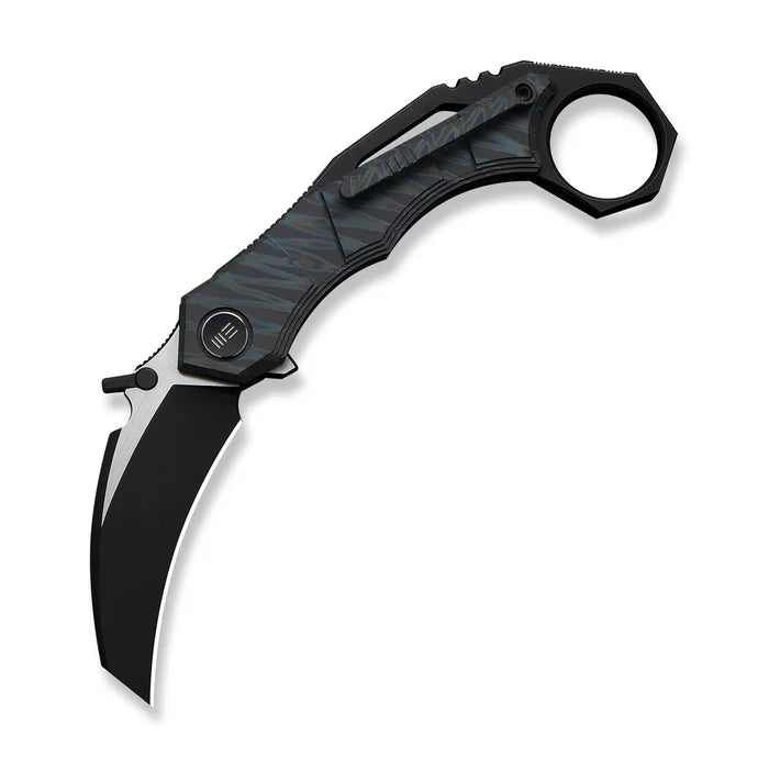 WEKNIFE Tayra Flipper Knife Tiger Stripe Pattern Flamed Titanium Handle Black Titanium Integral Backspacer & Finger Ring #WE24069-4