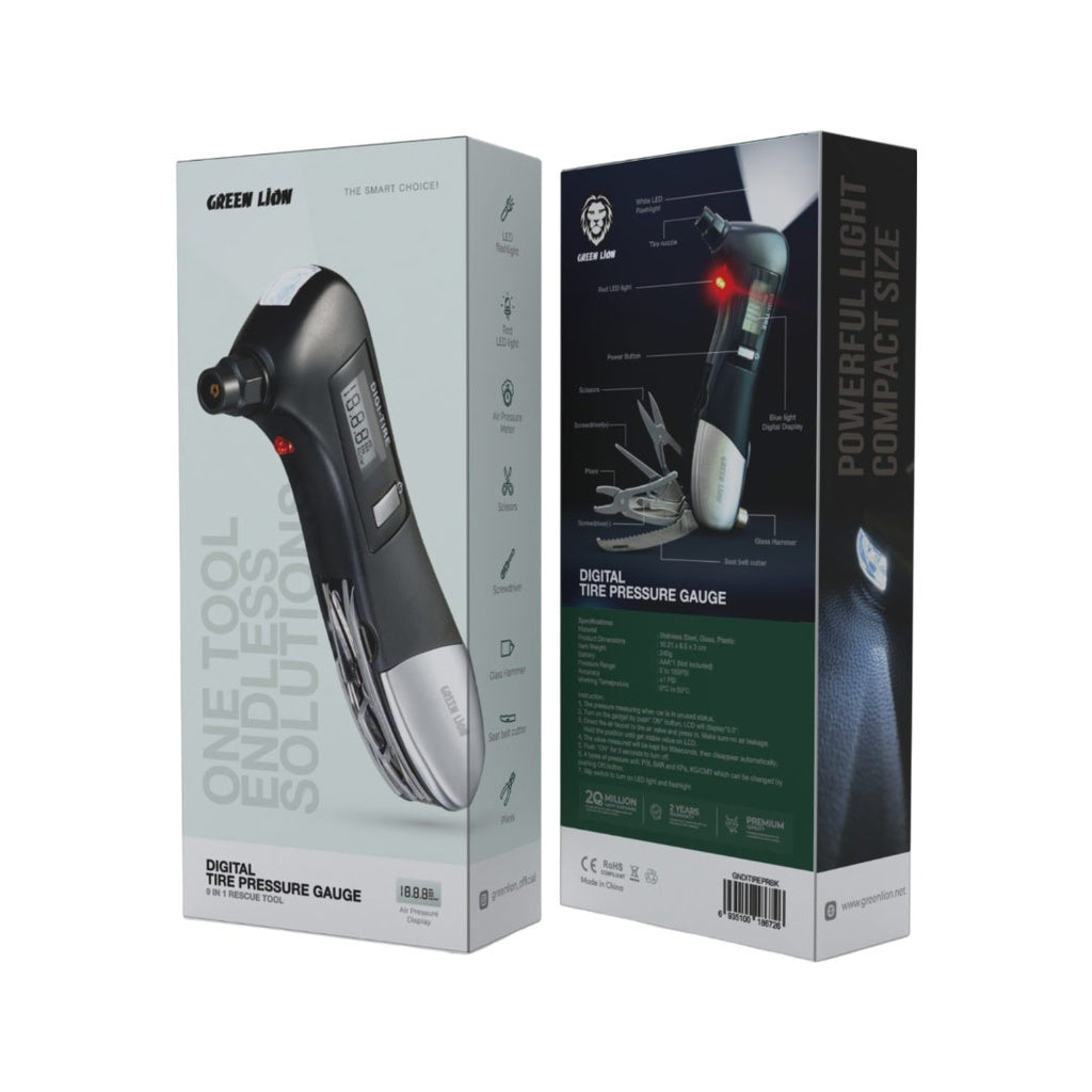 Green Lion Digital Tire Pressure Gauge 9 In 1 Rescue Tool #GNDITIREPRBK