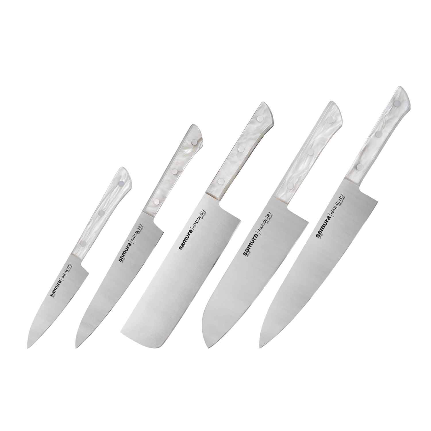 Samura HARAKIRI Set of 5 kitchen knives WITH WHITE HANDLES Paring, Utility, Nakiri, Santoku, Chef's knife #SHR-0250AW