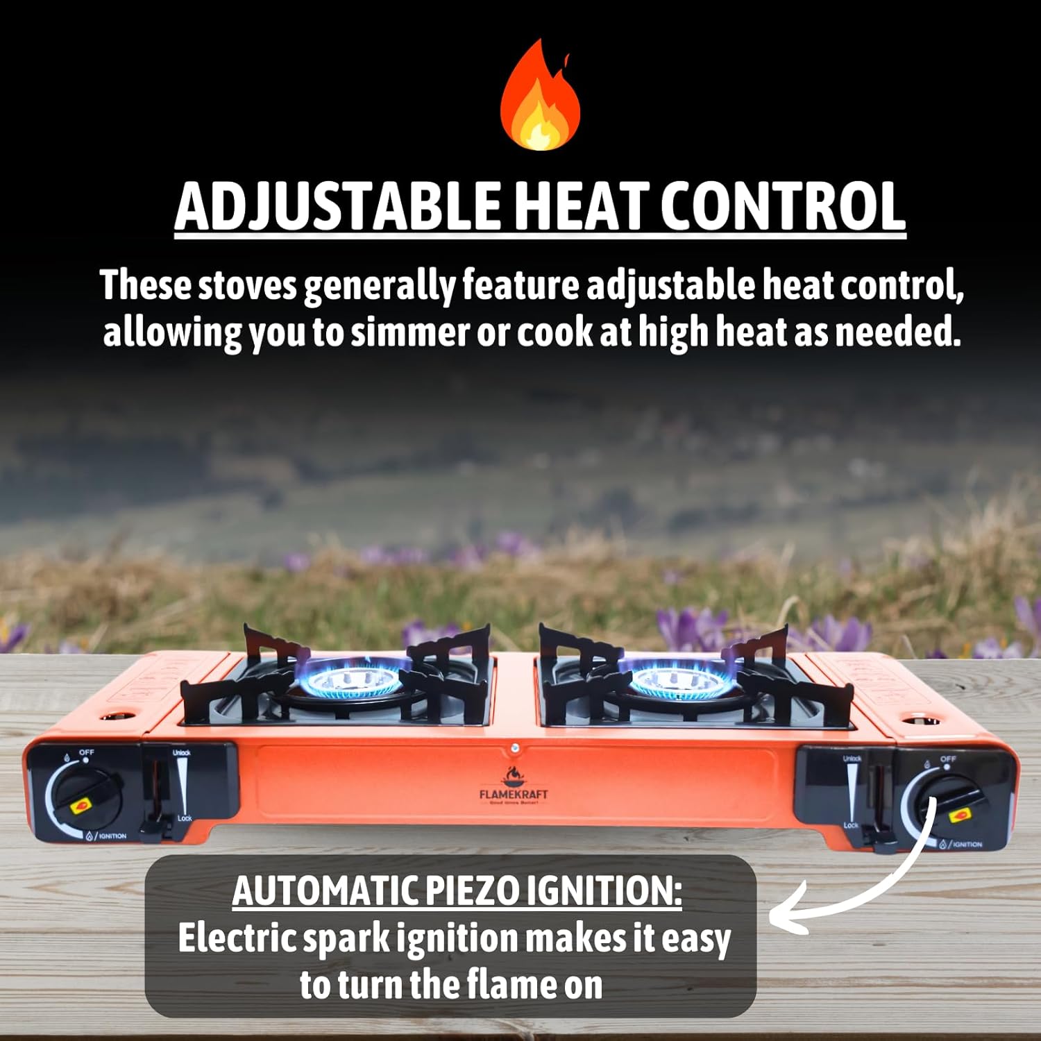 FLAMEKRAFT PORTABLE DOUBLE BURNER GAS STOVE  WITH BACK COVER