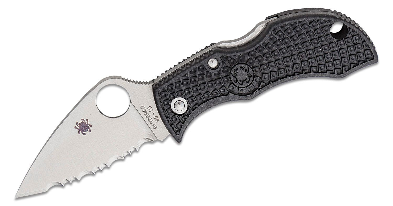 Spyderco Manbug Folding Knife  VG10 Satin Leaf Shaped Serrated Blade, Black FRN Handles #MBKLFS