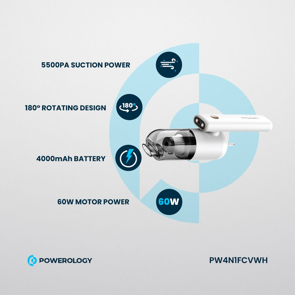 Powerology 4in1 180° Foldable Car Vaccum Cleaner #PW4N1FCVWH