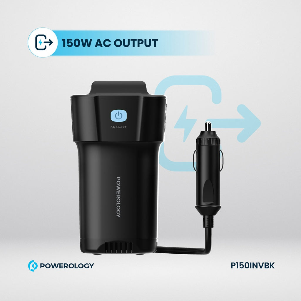Powerology 150W Inverter AC Universal USB A 2*type C DC Car 12V10A #P150INVBK