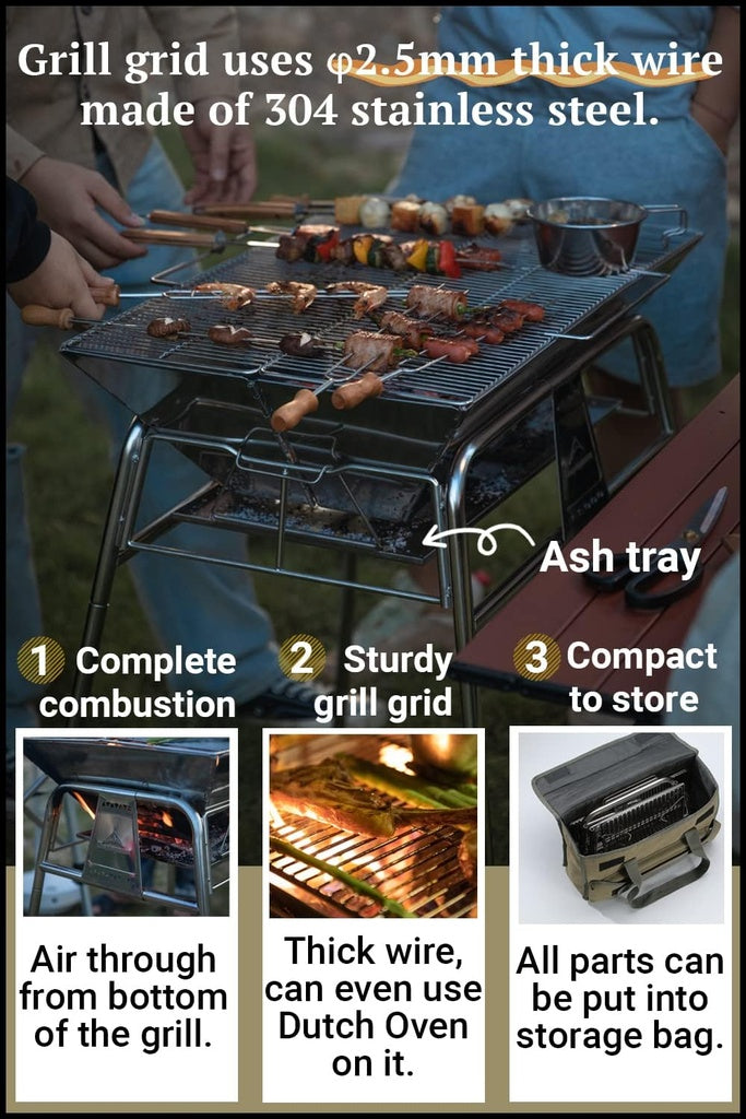 FOLDABLE CAMPING CHARACOAL STAND GRILL BBQ STAINLESS STEEL LARGE SIZE #MT-5-MAX