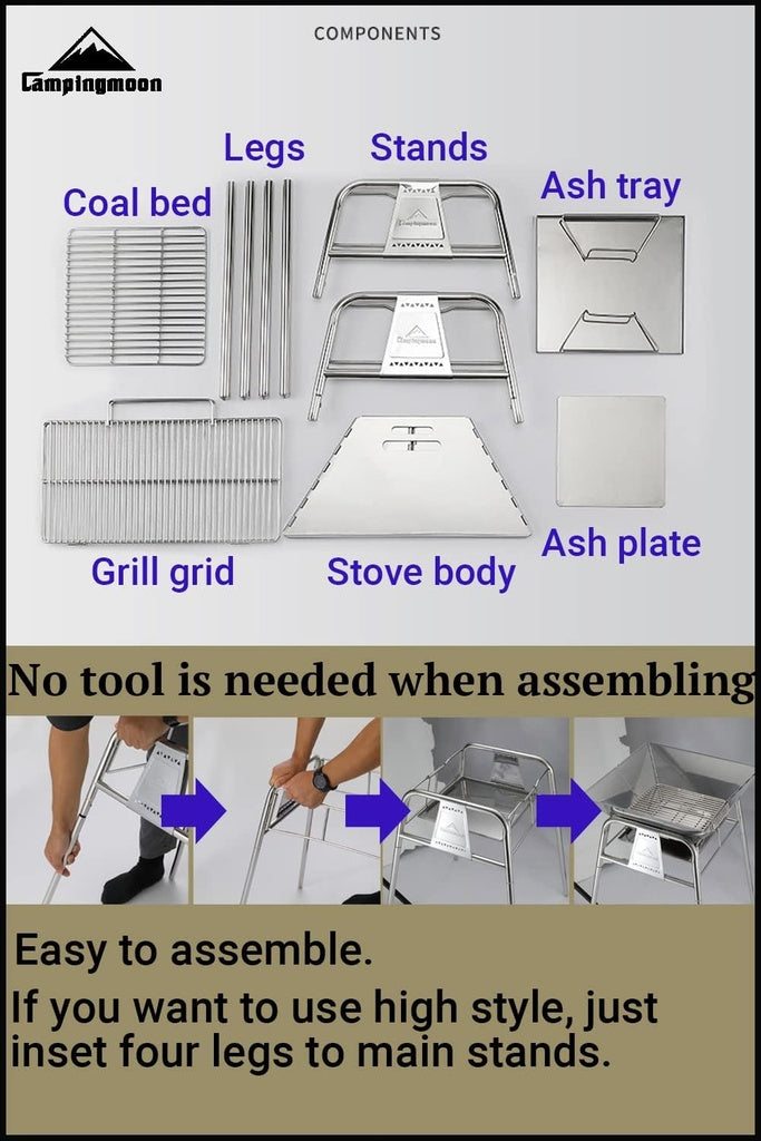 FOLDABLE CAMPING CHARACOAL STAND GRILL BBQ STAINLESS STEEL LARGE SIZE #MT-5-MAX