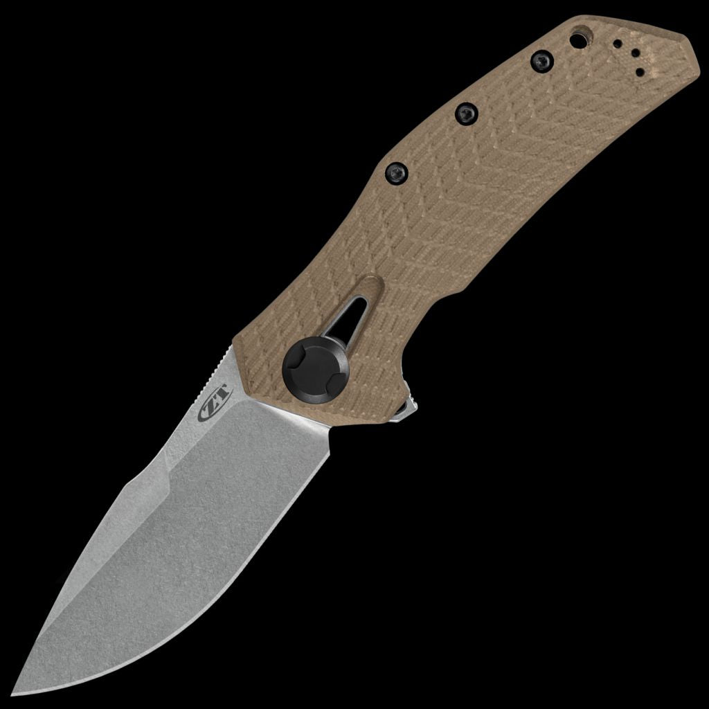 ZT Folding Knife Stonewashed CPM-20CV Blade, Coyote Tan G10 & Titanium Handles #0308