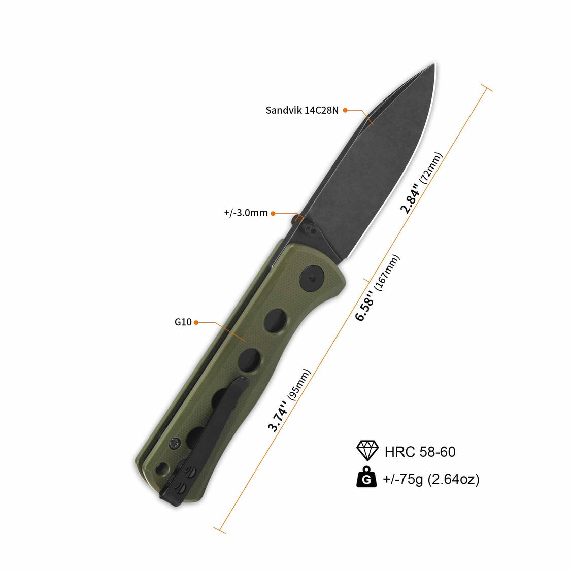 Canary folder Liner lock, 14C28N black stonewashed, Olive green G10 #QS150-F2