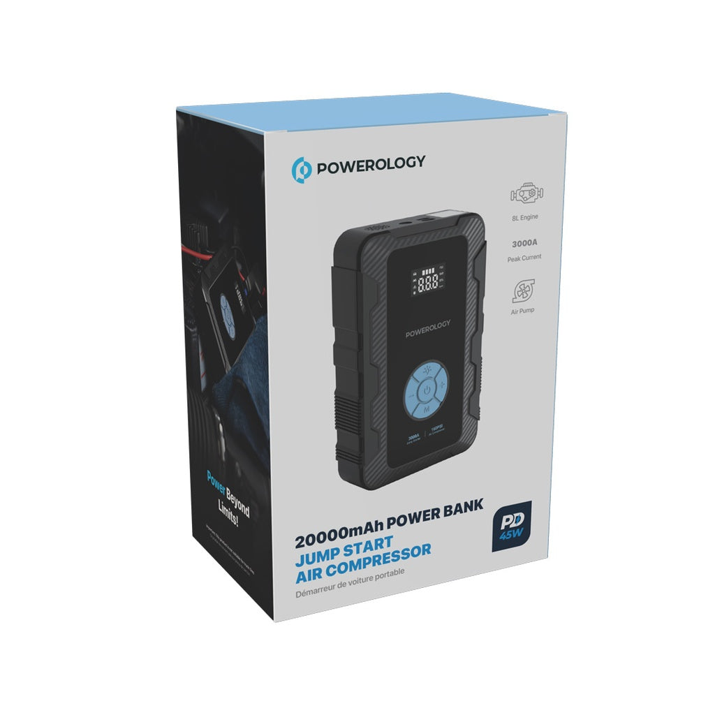 Powerology Jumpstart with Air Pump PD45W 3000A Max Current 20000mAh 160Psi #PPBCHA43