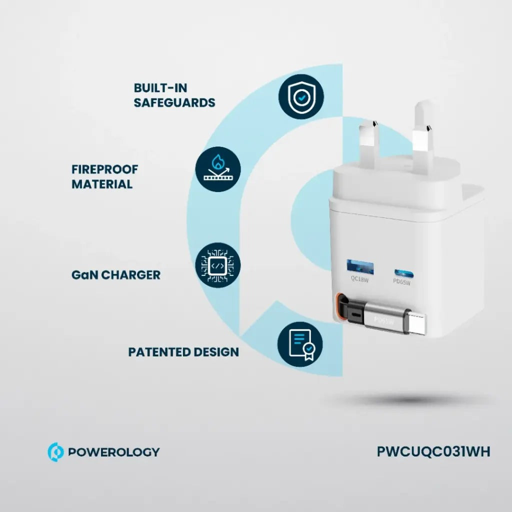 Powerology GAN PD65W Dual-Port Charger + Cable Charger with Retractable Cable