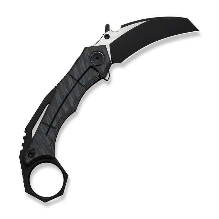 WEKNIFE Tayra Flipper Knife Tiger Stripe Pattern Flamed Titanium Handle Black Titanium Integral Backspacer & Finger Ring #WE24069-4