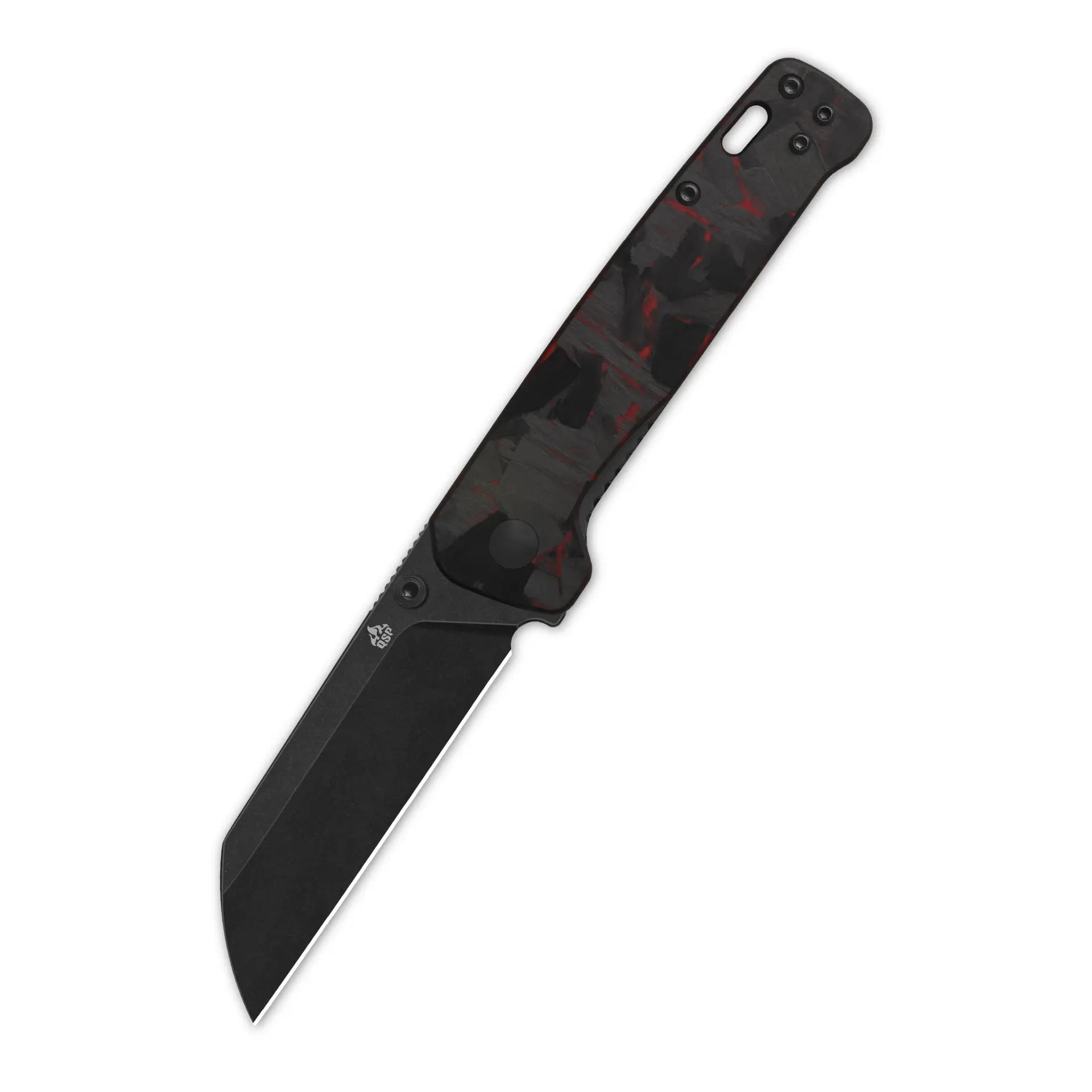 Penguin V2 Linerlock, D2 black stonewash Red shredded CF overlay G10 #QS130V2-F2