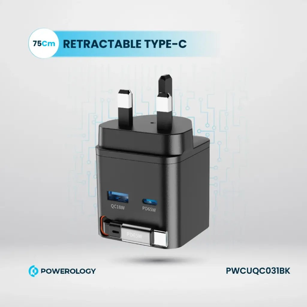 Powerology GAN PD65W Dual-Port Charger + Cable Charger with Retractable Cable