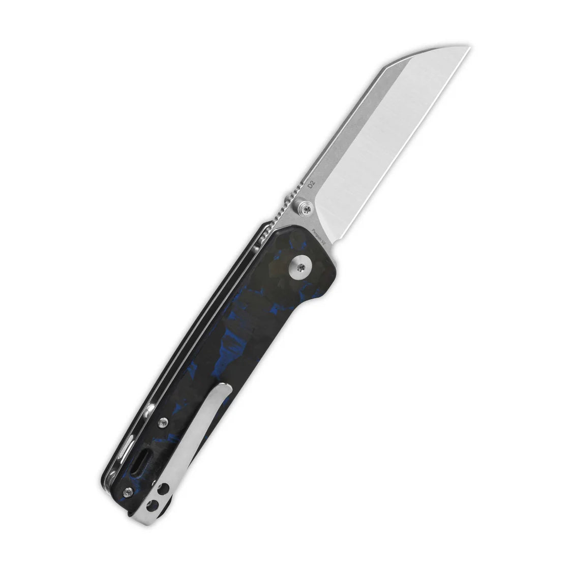Penguin V2 Liner lock, D2 stonewashed - satin, Blue shredded CF overlay G10 #QS130V2-E1