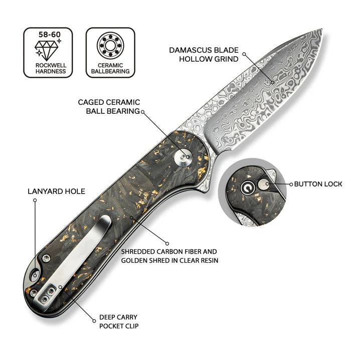 CIVIVI Button Lock Elementum II Flipper Knife Carbon Fiber & Resin Handle #C18062P-10