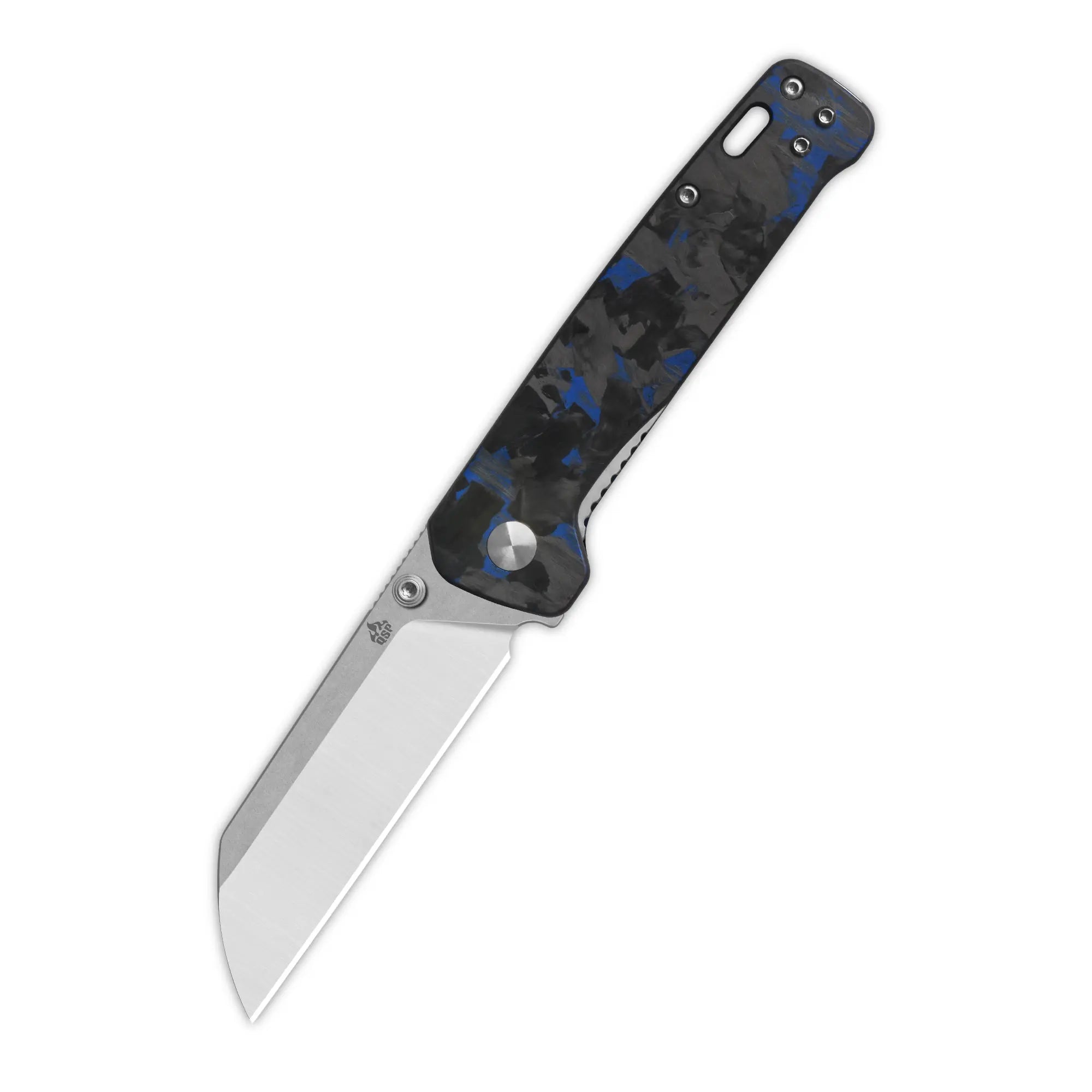 Penguin V2 Liner lock, D2 stonewashed - satin, Blue shredded CF overlay G10 #QS130V2-E1