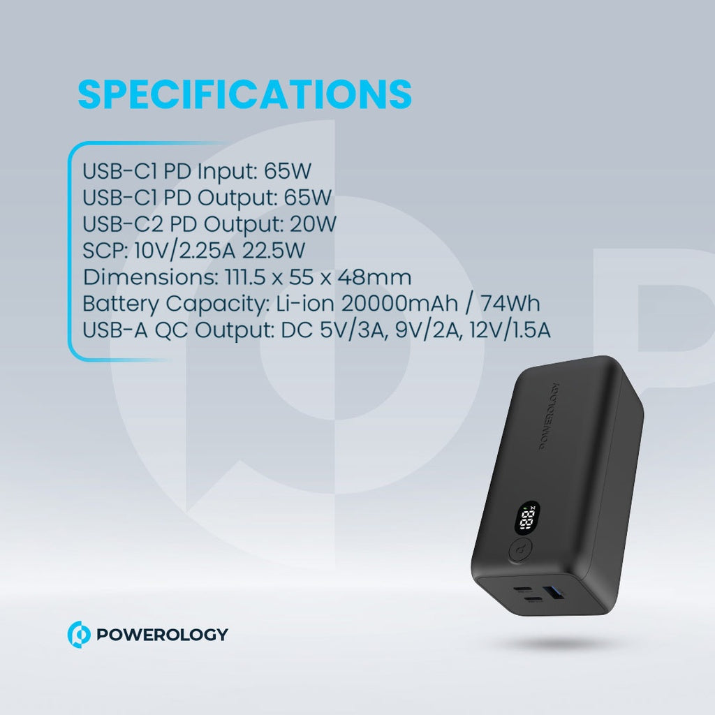 Powerology Onyx 20000mAh Dual USB-C Power Bank PD 65W #PPBCHA19