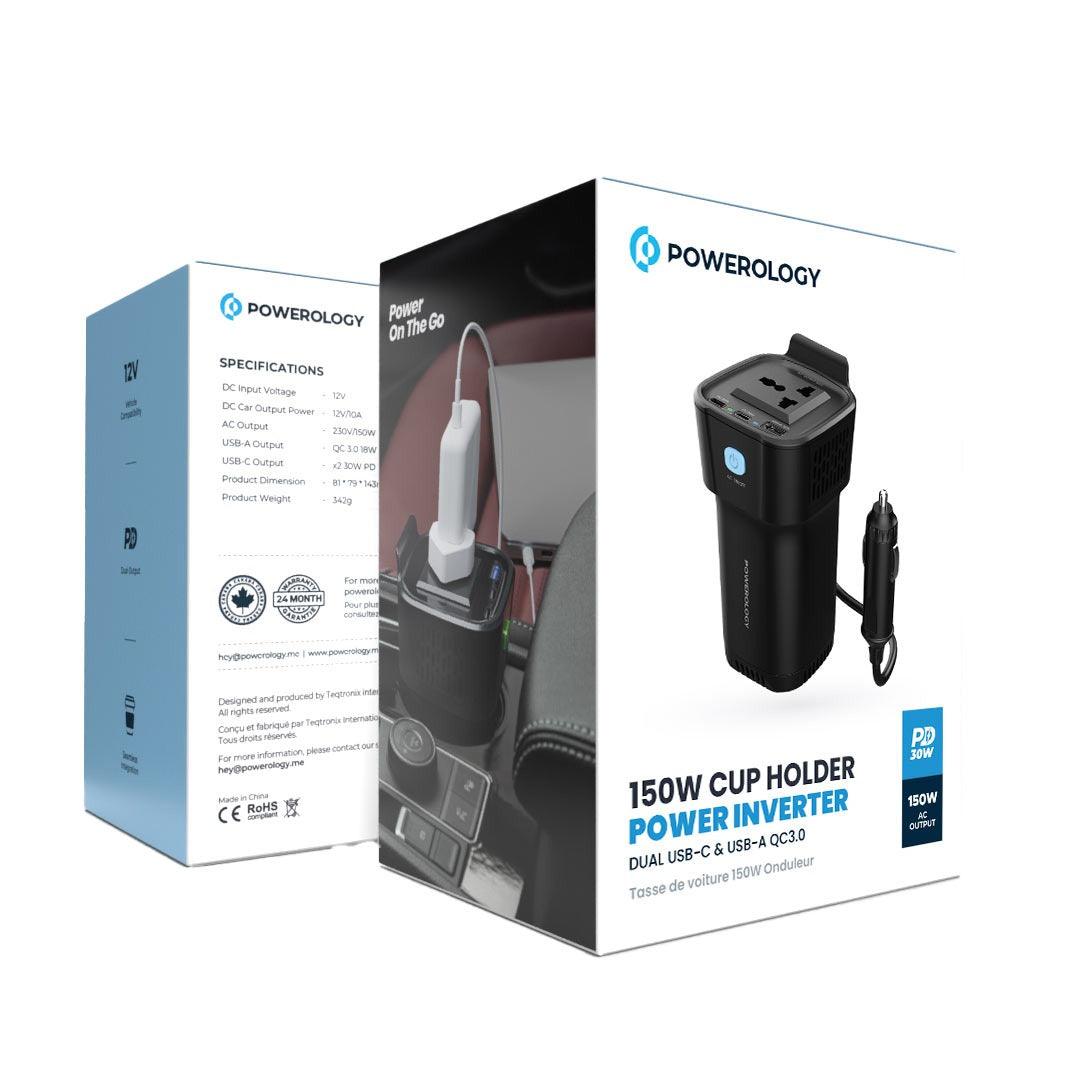 Powerology 150W Inverter AC Universal USB A 2*type C DC Car 12V10A #P150INVBK