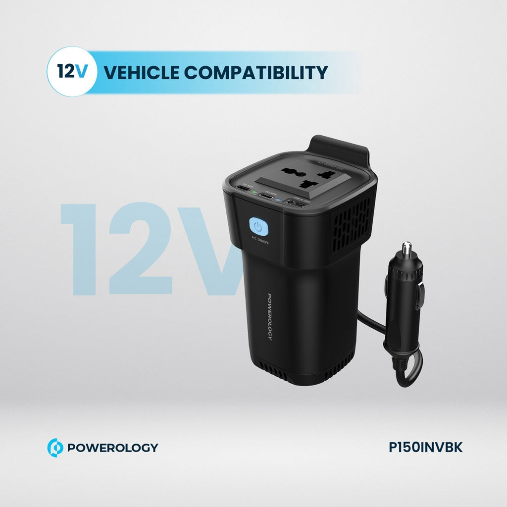 Powerology 150W Inverter AC Universal USB A 2*type C DC Car 12V10A #P150INVBK