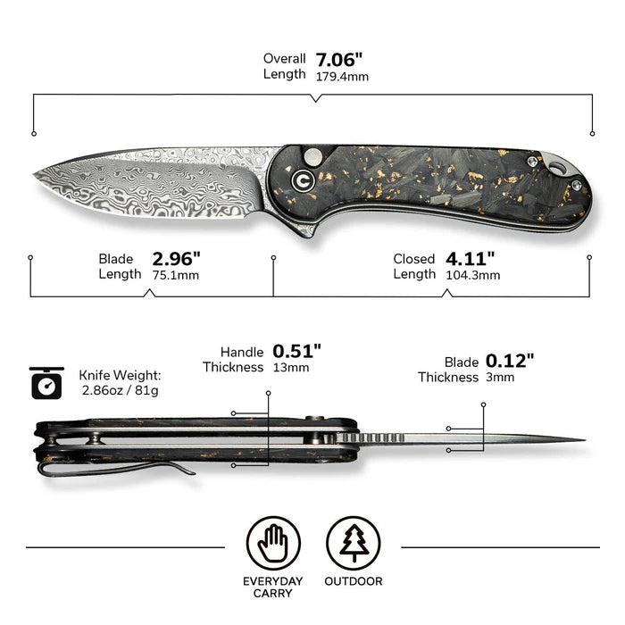 CIVIVI Button Lock Elementum II Flipper Knife Carbon Fiber & Resin Handle #C18062P-10