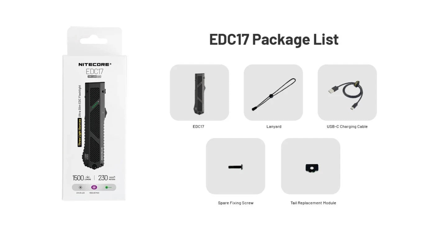 Nitecore EDC17 1500 Lumen Rechargeable EDC Flat Flashlight with White LED, UV, and Green Laser