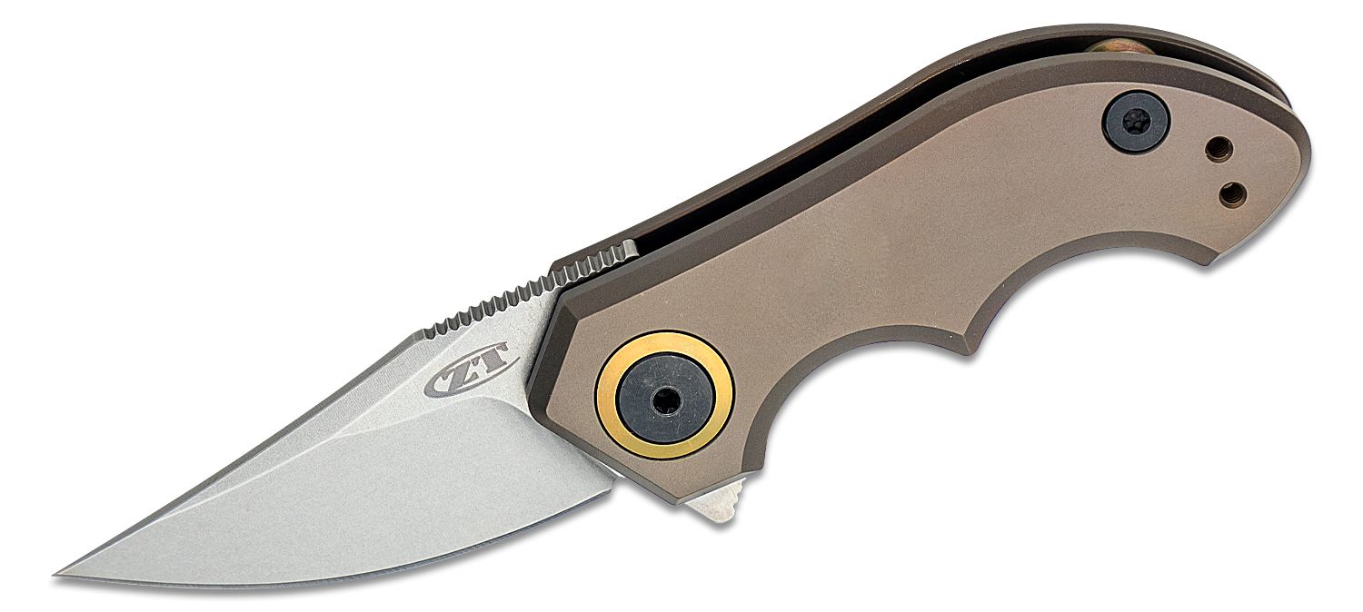 ZT Folding Knife Tim Galyean Flipper Knife CPM-20CV Stonewashed Blade, Bronze Titanium Handles #ZT0022TIBRZ