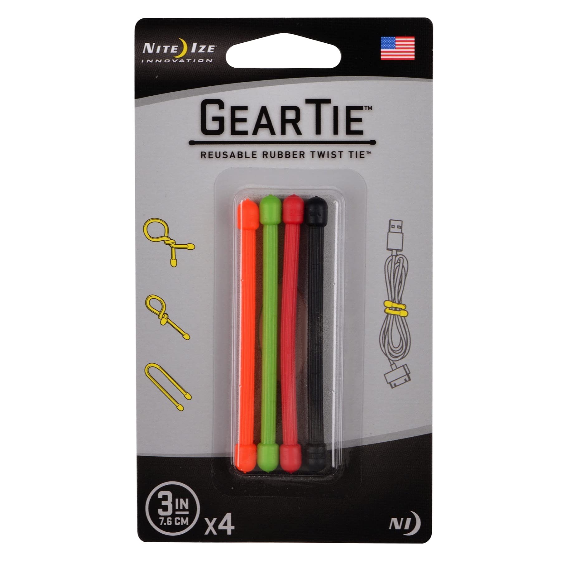 Nite Ize GT3-4PK-A1 Gear Tie 3"" - Asst. 4PK Orange, Green, Red & Black **EOL**" NI5002